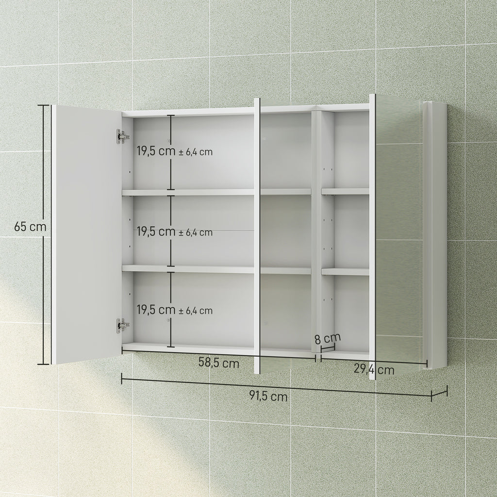 Armoire murale salle de bain avec miroir, armoire de toilette 3 portes miroir, étagères réglables, 91,5x11,5x65cm, blanc-2