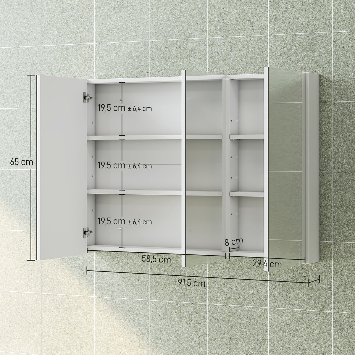 Armoire murale salle de bain avec miroir, armoire de toilette 3 portes miroir, étagères réglables, 91,5x11,5x65cm, blanc-2