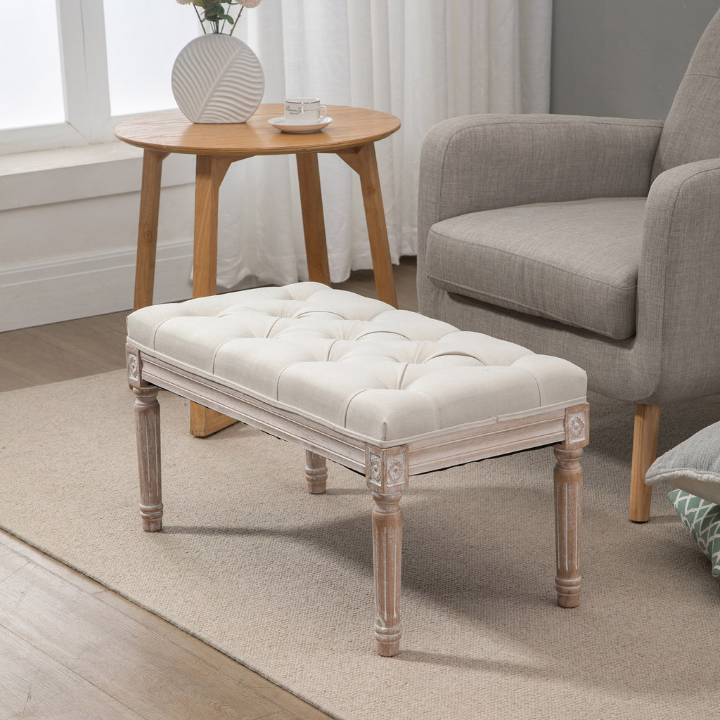 Banc Banquette classique capitonné 80cm bout de lit Rembourrée en lin - bois d'hévéa sculpté, patiné - Crème-6