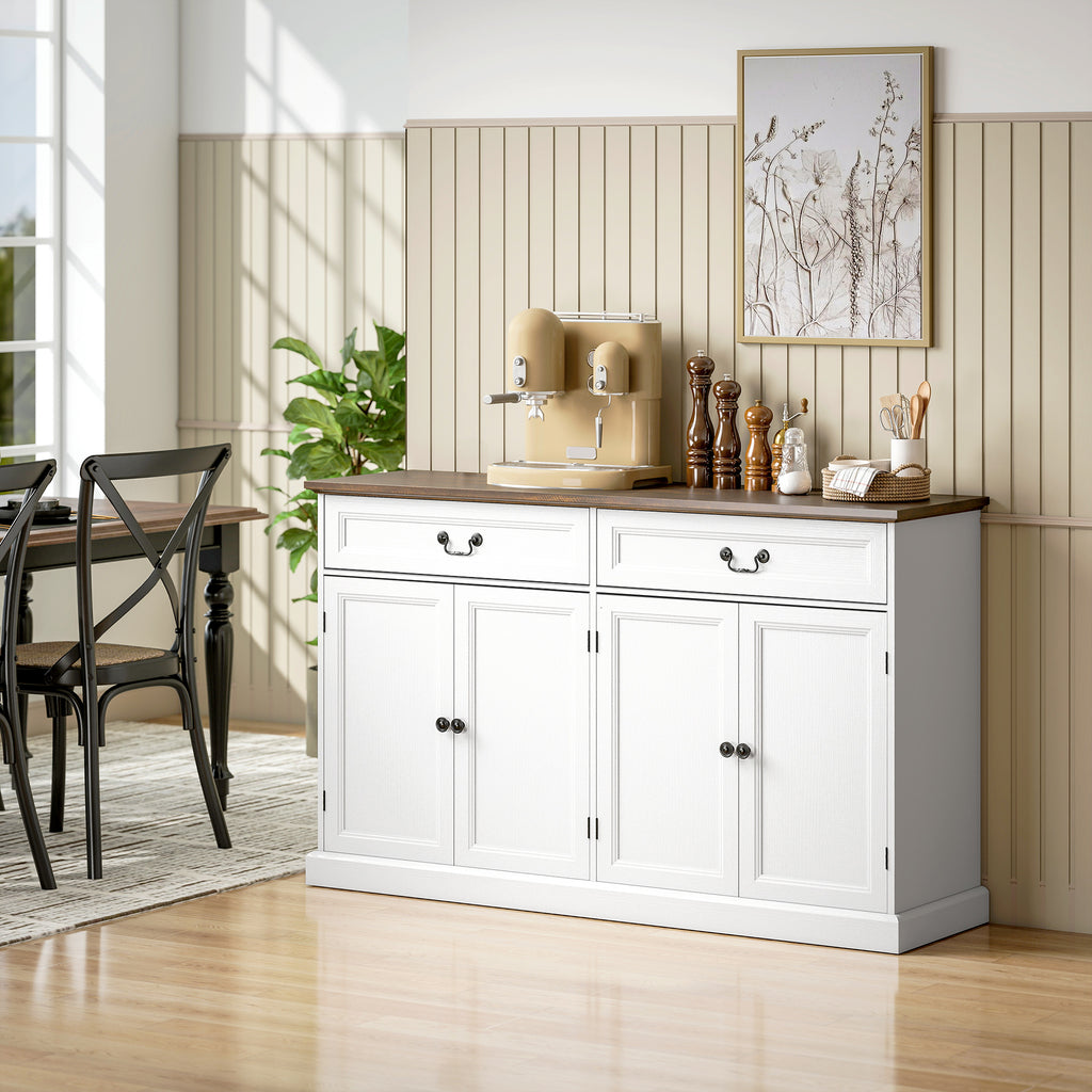 Buffet salon, meuble de rangement avec 4 portes, 2 tiroirs silencieux, étagères réglables, 140x40x85cm, blanc et marron-1