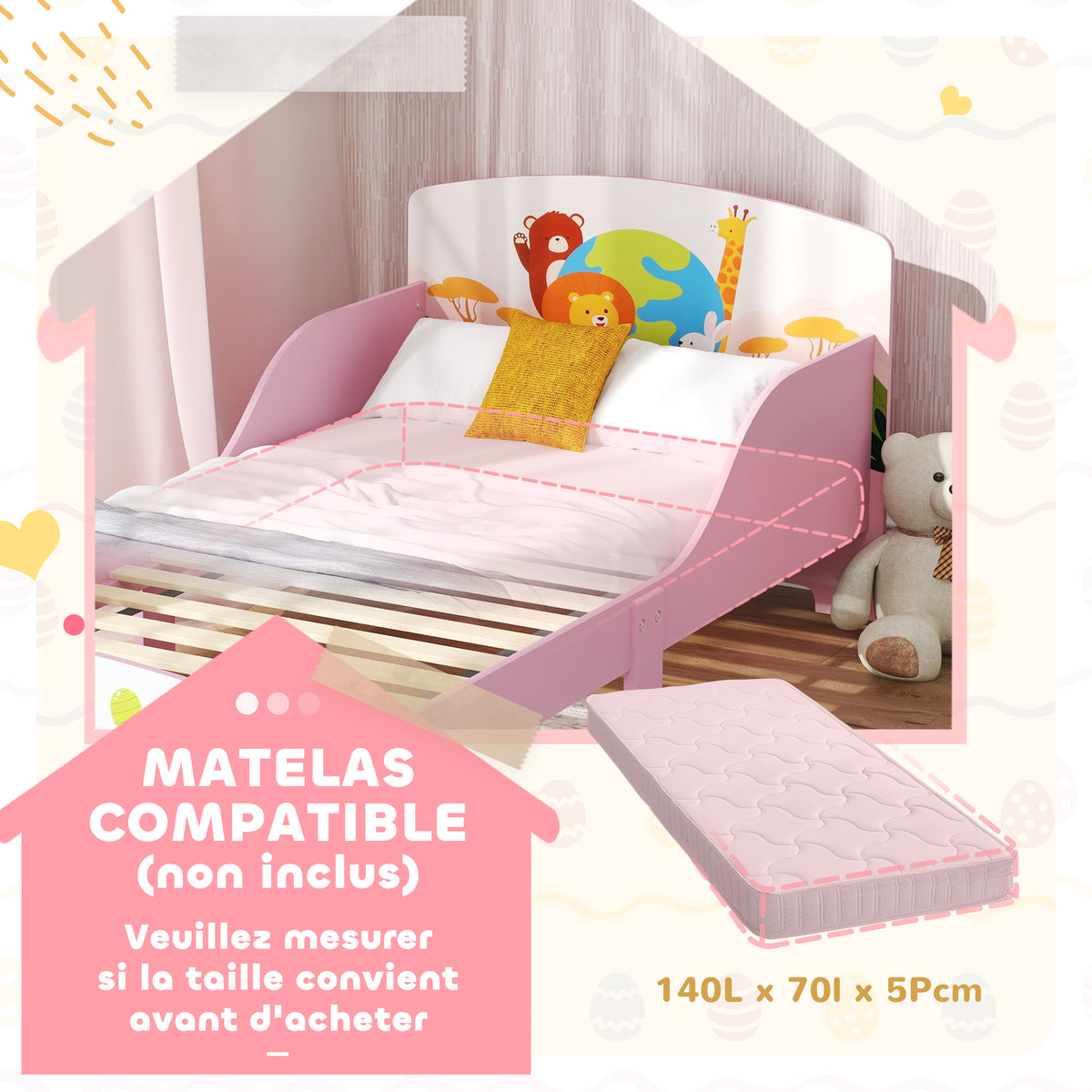 Lit Enfant 70x140 cm motif animal 140 x 70 cm avec sommier à lattes en bois design bas sécurisé rose-6
