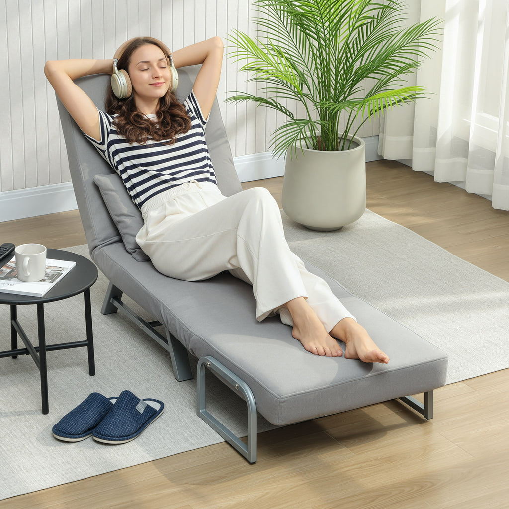 Fauteuil Convertible 1 Place, Fauteuil-Lit Pliable Rembourré en Lin avec Dossier Réglable, Oreiller, Gris Clair-6