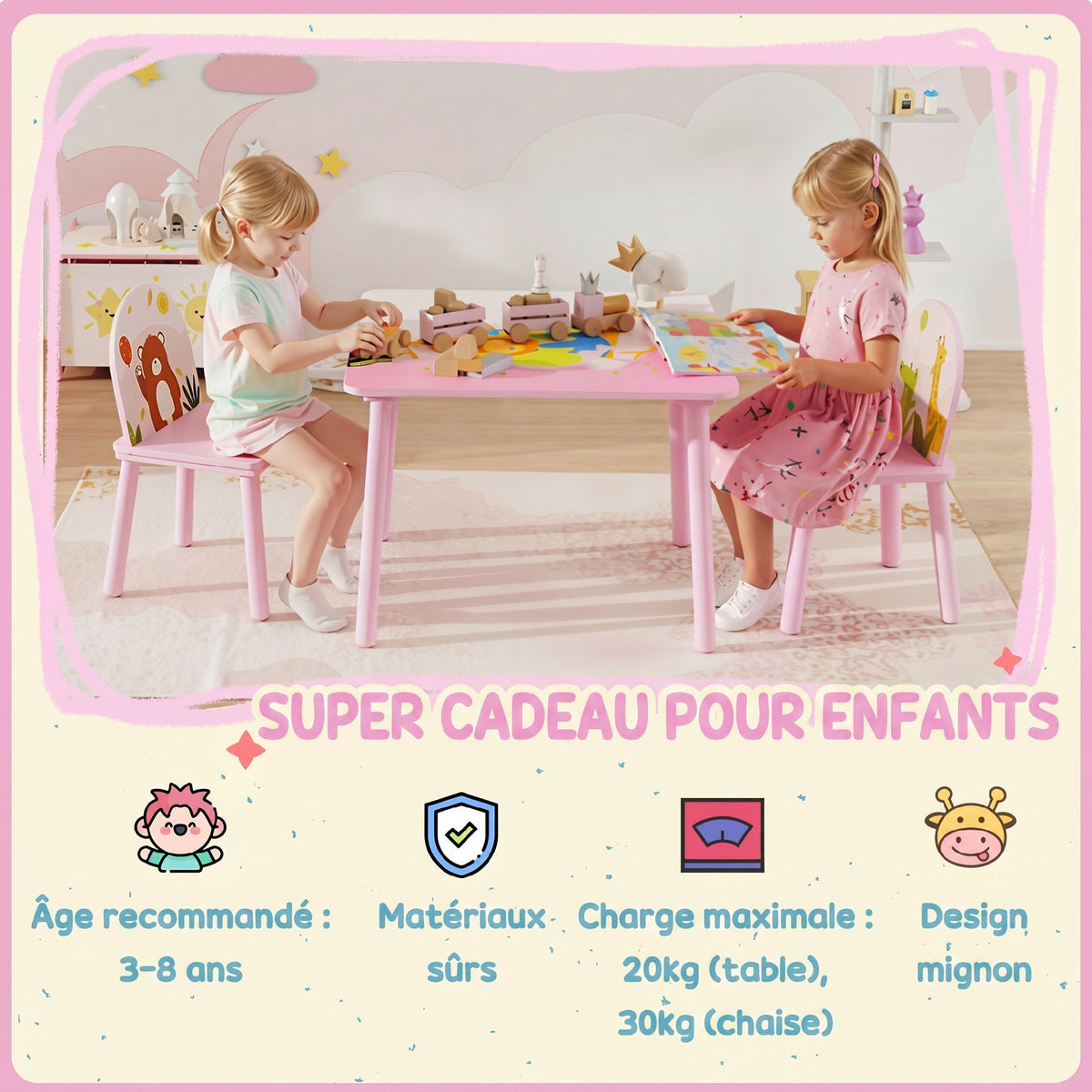 Table enfant avec chaise, ensemble table et 2 chaises en bois pour dessiner, jouer, étudier, rose-6
