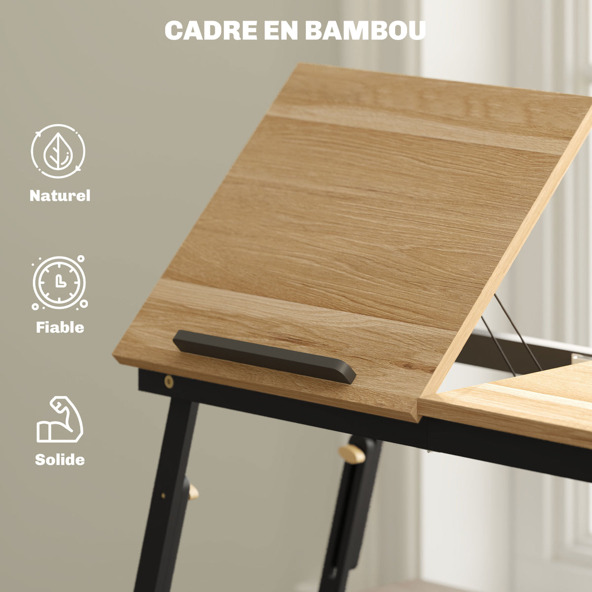 Table de lit pliable et réglable, plateau de lit pour ordinateur portable en bambou - plateau inclinable, tiroir, chêne-6
