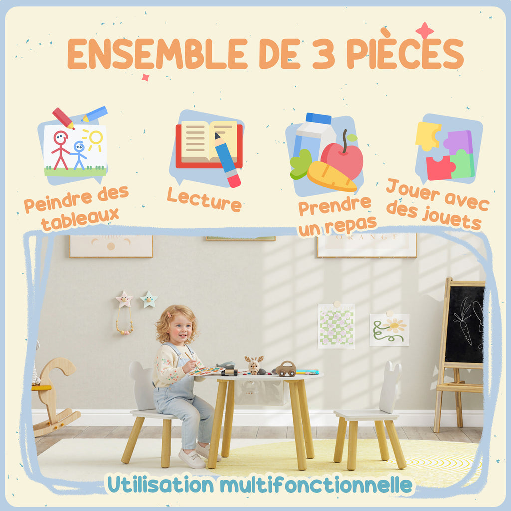 Ensemble 1 table ronde, 2 chaises pour enfant 3 pièces, dossier en forme d'ours, activités, bricolage, repas, 3-6 ans-5