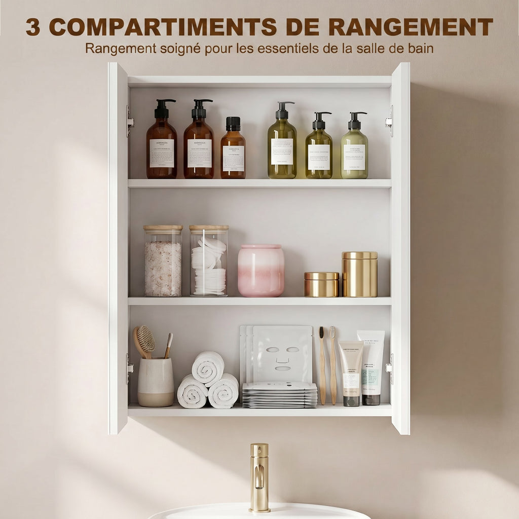 Armoire avec Miroir en Bois Rangement Salle de Bain Fermeture Porte Tampon MDF-3