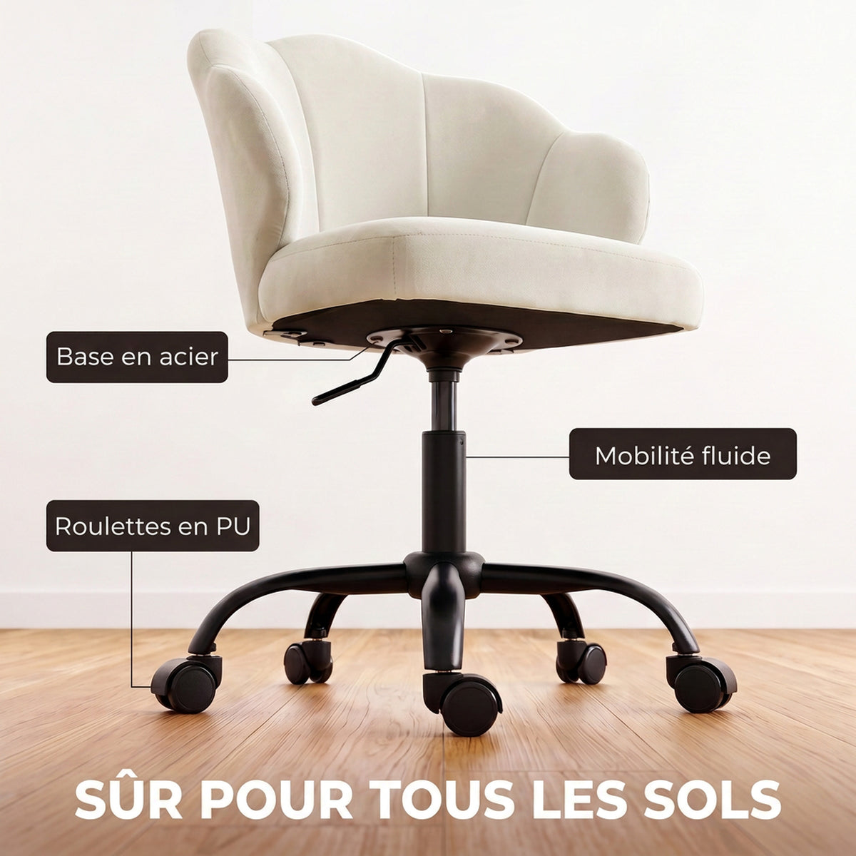 Chaise Bureau en Velours, Chaise Coiffeuse avec Dossier en Pétale, Hauteur Réglable, Fonction Bascule, Crème-6