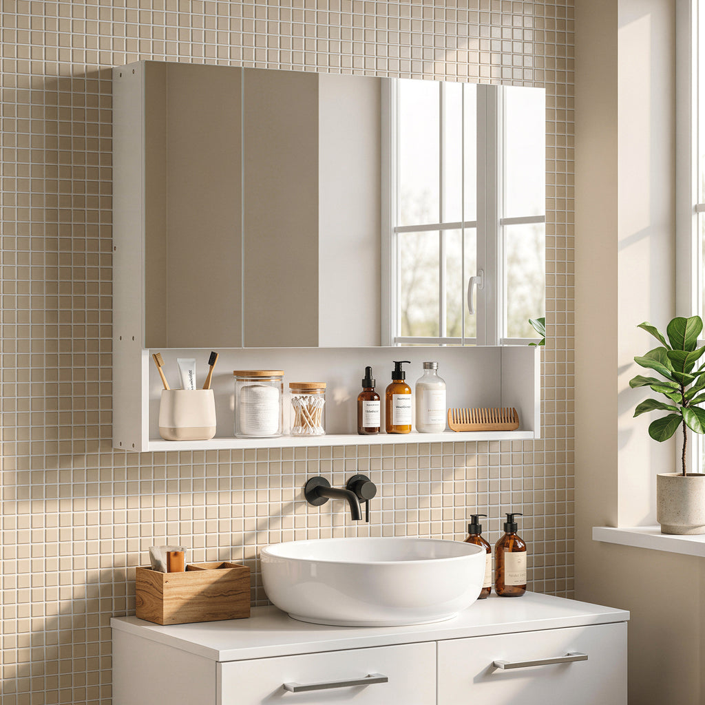 Armoire murale salle de bain avec miroir, armoire de toilette 3 portes miroir, étagères réglables, 90x15x75cm, blanc-9
