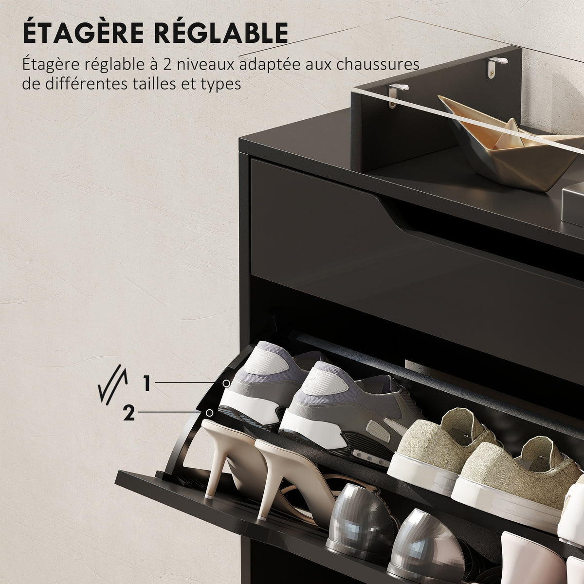 Armoire à Chaussures, 2 Tiroirs Rabattables, 1 Tiroir Coulissant, 1 Comptoir, 89x23x96cm, Noir-4