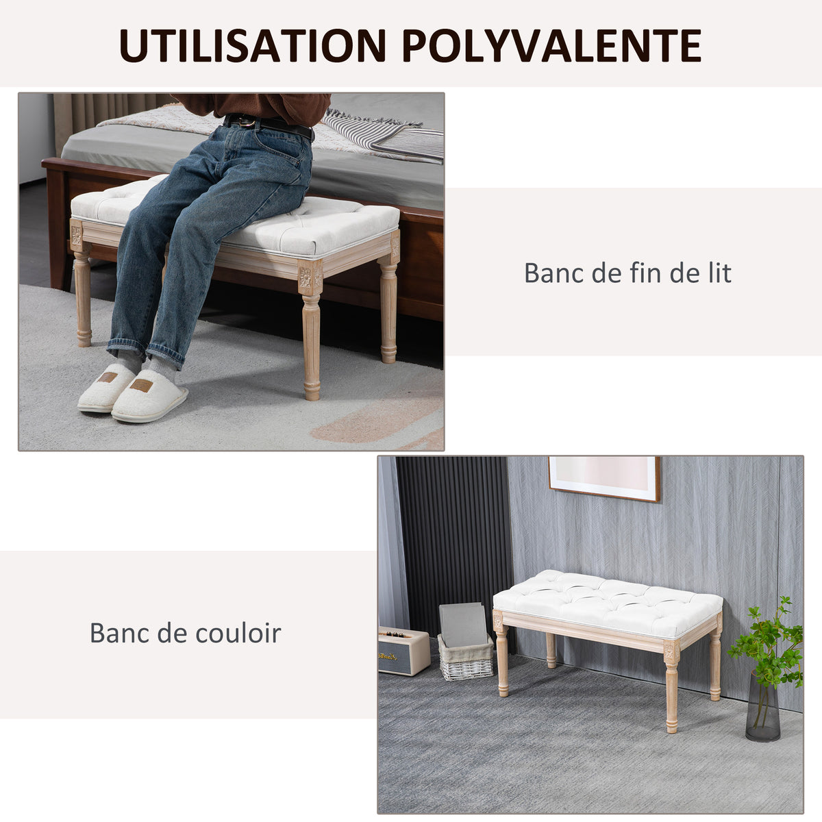 Banc bout de lit banquette capitonnée style vintage français revêtement tissu aspect lin pieds en bois massif crème-5