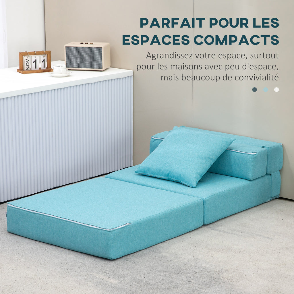 Chauffeuse canapé-lit convertible fauteuil 1 place avec 1 coussin déhoussable, tissu bleu-5