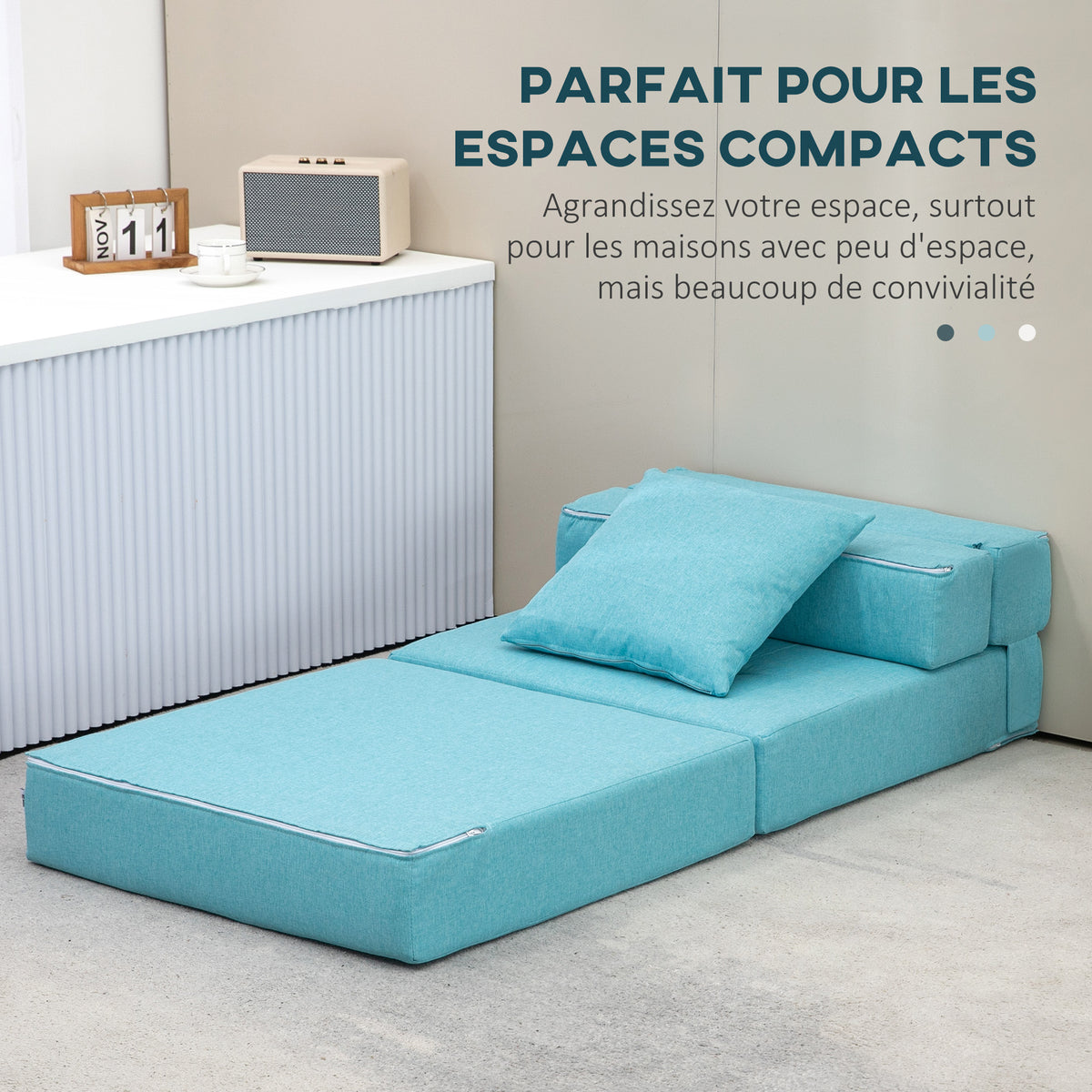 Chauffeuse canapé-lit convertible fauteuil 1 place avec 1 coussin déhoussable, tissu bleu-5