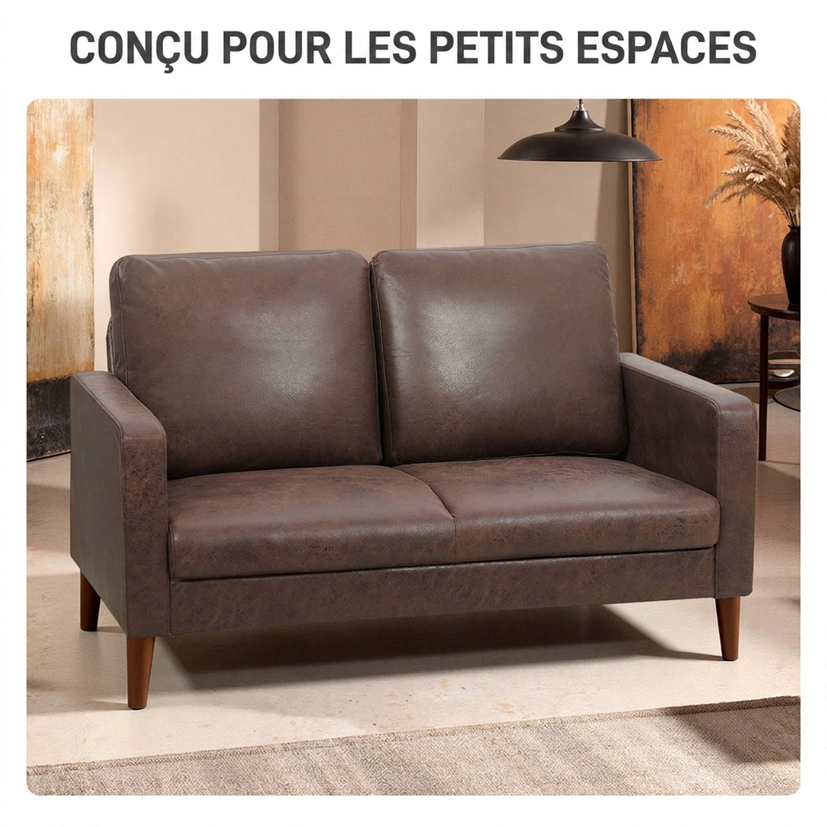 Canapé 2 Places Canapé de Salon 130 cm, Coussin à Ressorts et Pieds en Bois d'Hévéa, Tissu en Microfibre, Marron Foncé-5