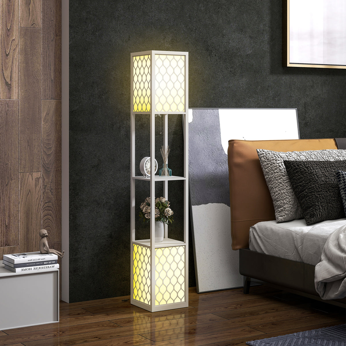 Lampadaire étagère 2 lampes 2 étagères 4 niveaux MDF gris motif nid d'abeille 26 x 26 x 156 cm gris-1