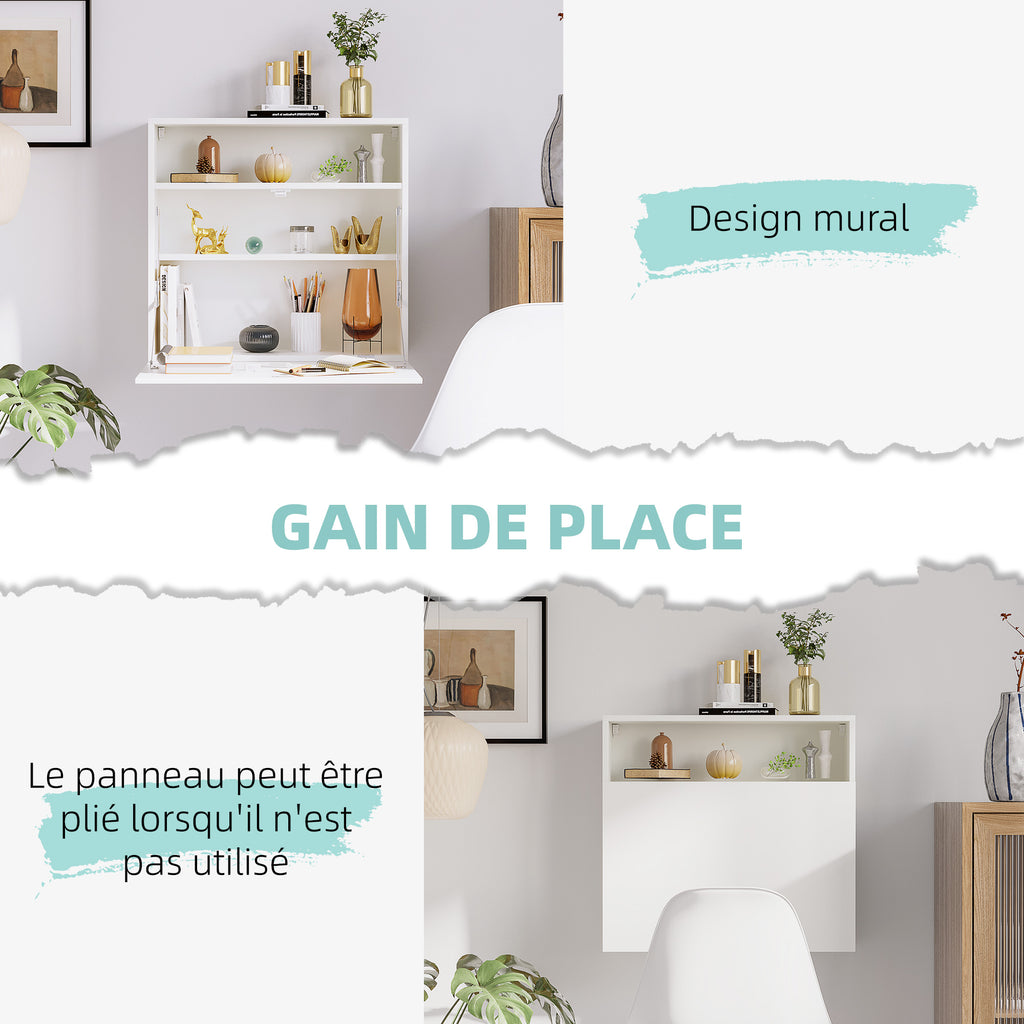 Bureau suspendu bureau mural avec tablette rabattable et 3 compartiments - 64 x 20 x 60 cm - blanc-3