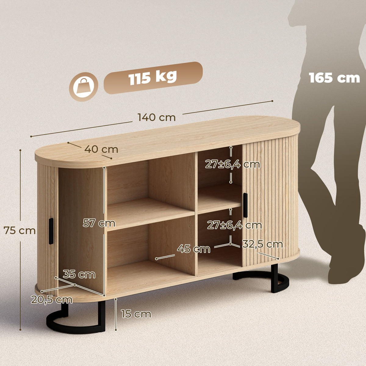 Buffet salon, meuble de rangement ovale avec 2 portes coulissantes et étagères réglables, 140x40x75cm, bois naturel-2