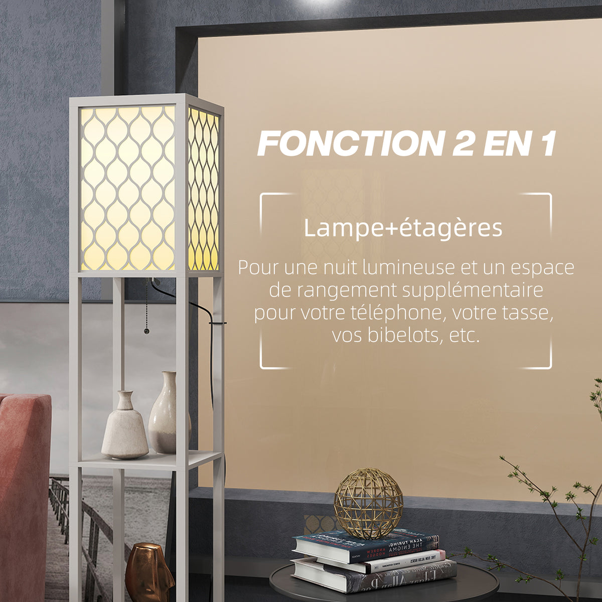 Lampadaire étagère 2 lampes 2 étagères 4 niveaux MDF gris motif nid d'abeille 26 x 26 x 156 cm gris-3