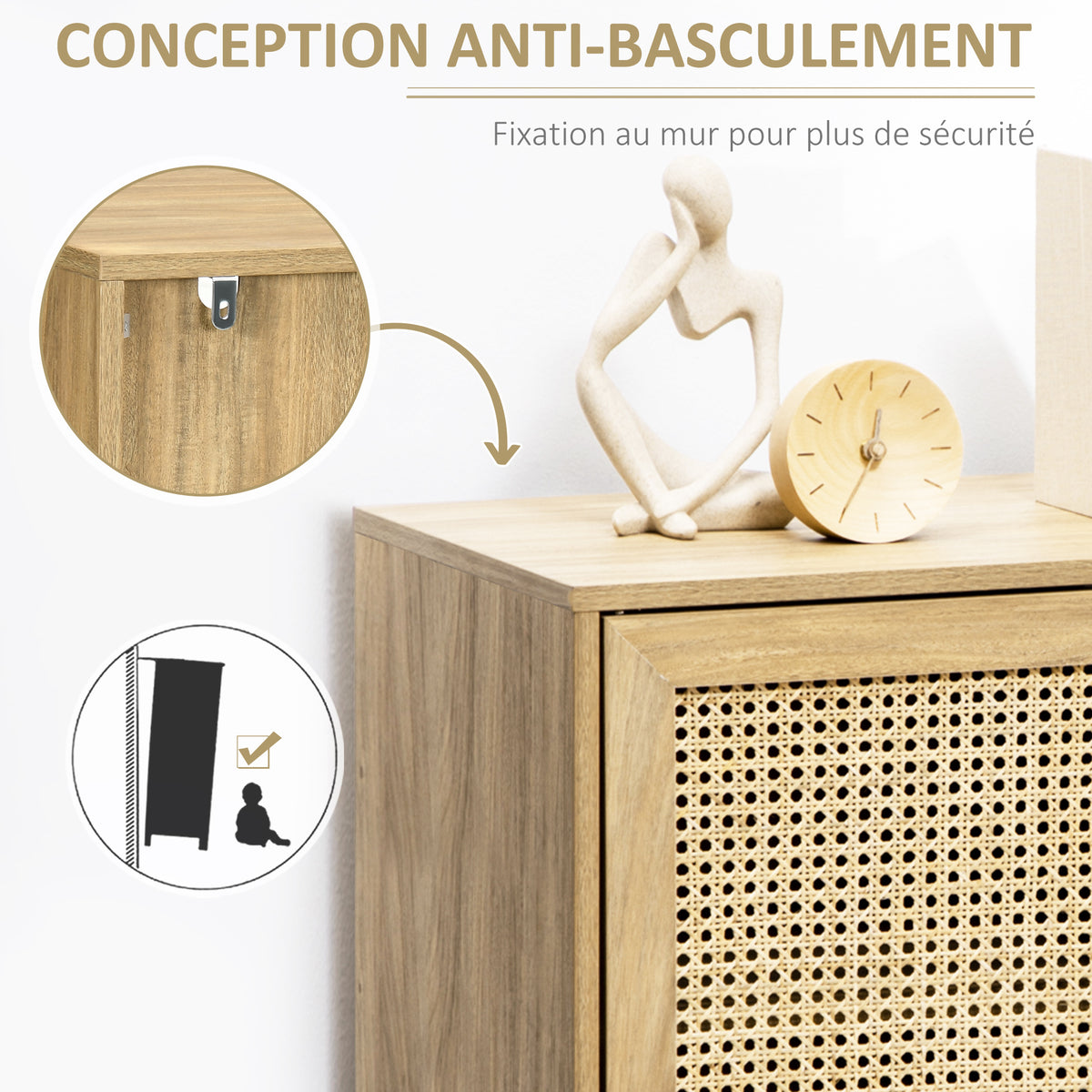 Meuble de rangement buffet 1 porte cannage effet bois - dim. 80L x 39l x 70H cm-5