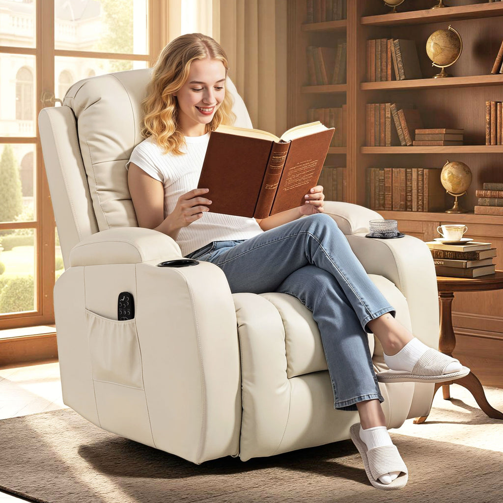 Fauteuil inclinable de massage et chauffage, fauteuil de relaxation, dossier réglable, pivotant 360°, 82x99x103cm, crème-1