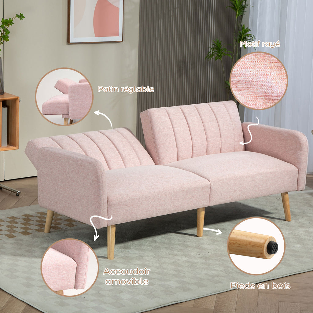 Canapé Convertible 2 Places Design scandinave Dossier inclinable 3 Positions Pieds Bois Tissu Aspect Lin Rose-5
