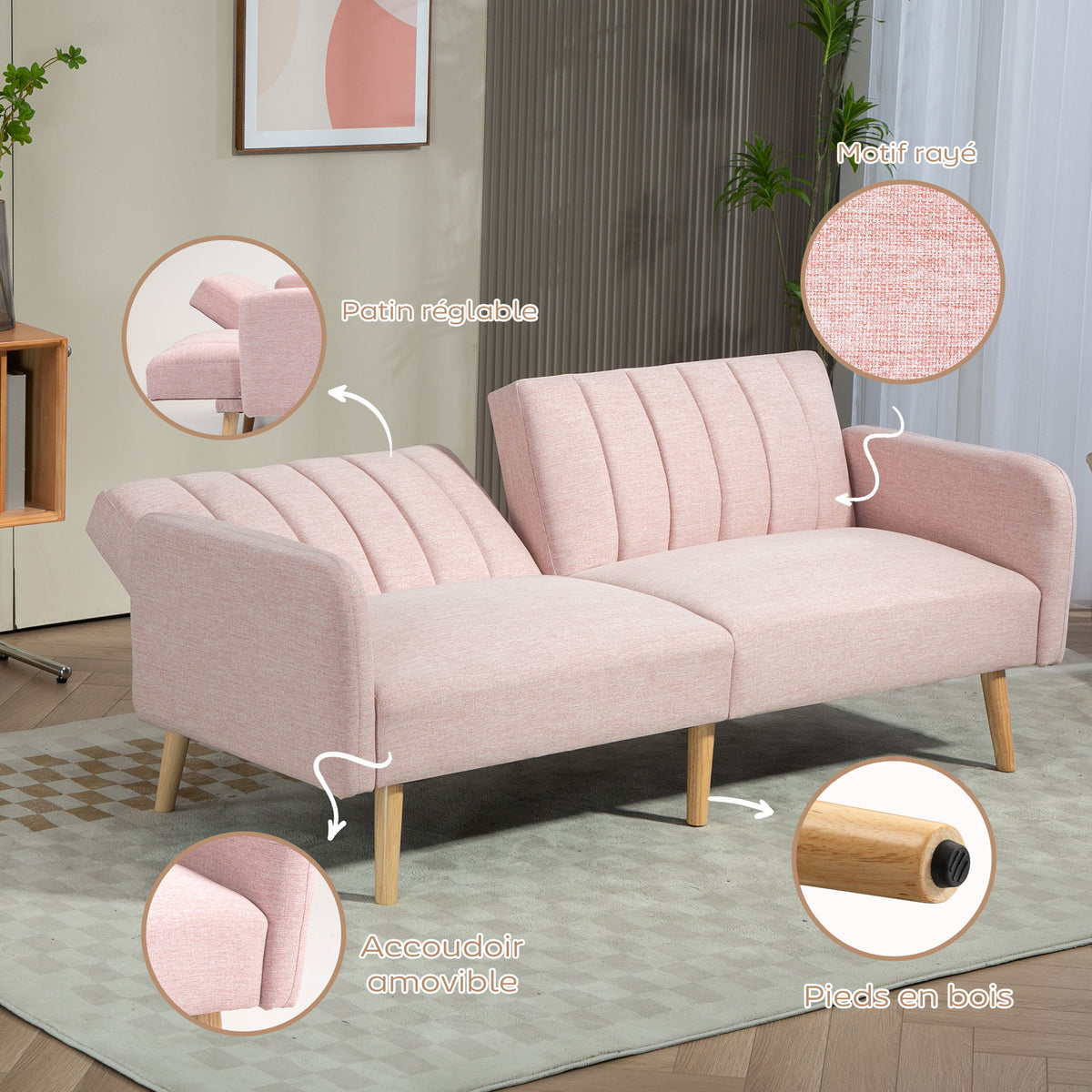 Canapé Convertible 2 Places Design scandinave Dossier inclinable 3 Positions Pieds Bois Tissu Aspect Lin Rose-5