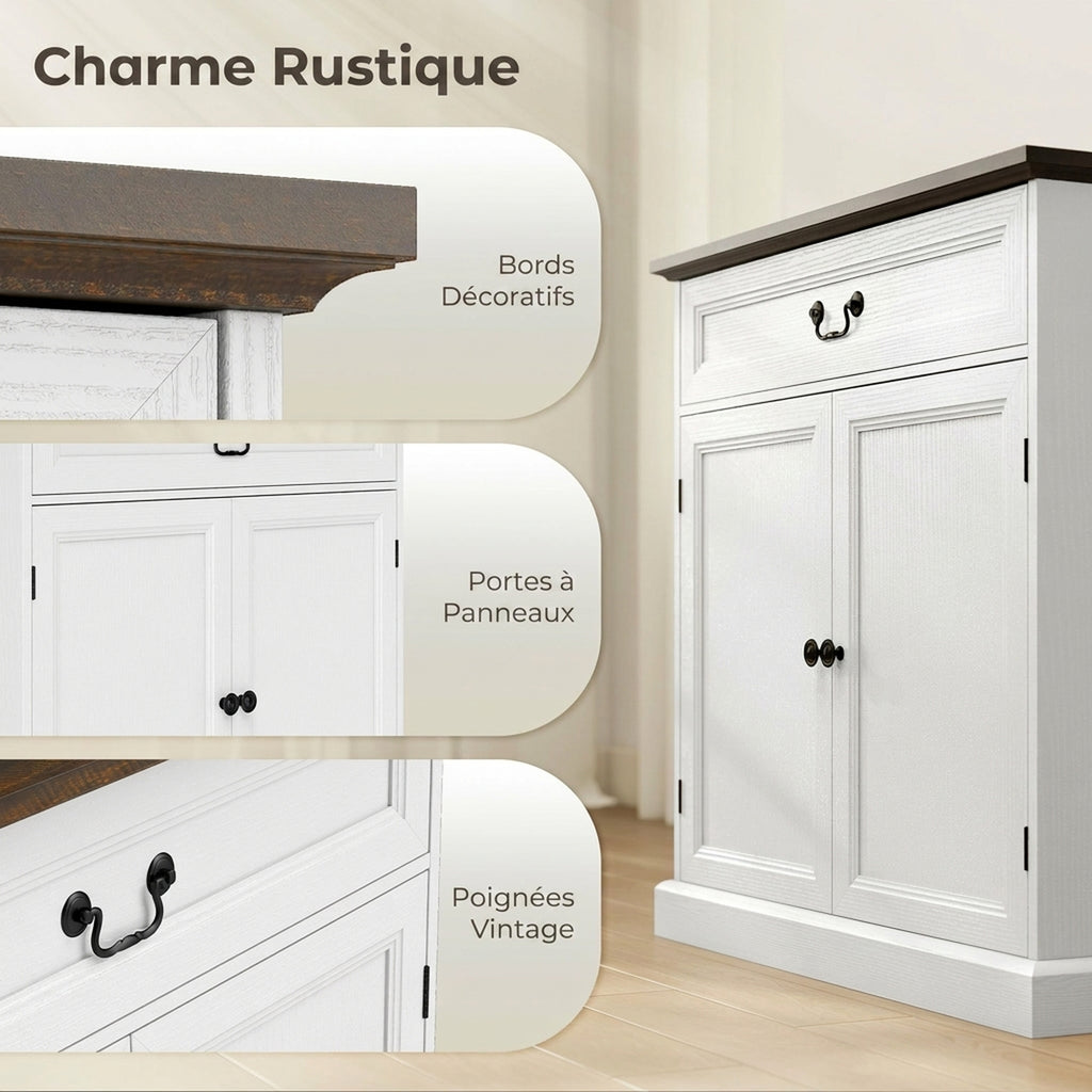 Buffet salon, meuble de rangement avec 2 portes, tiroir silencieux, étagère réglable, 80x40x85cm, blanc et marron-6