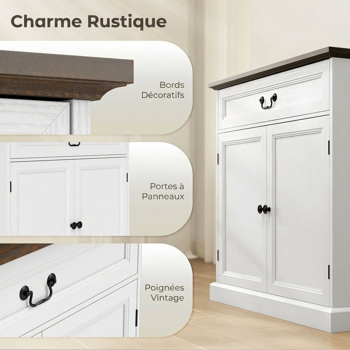Buffet salon, meuble de rangement avec 2 portes, tiroir silencieux, étagère réglable, 80x40x85cm, blanc et marron-6