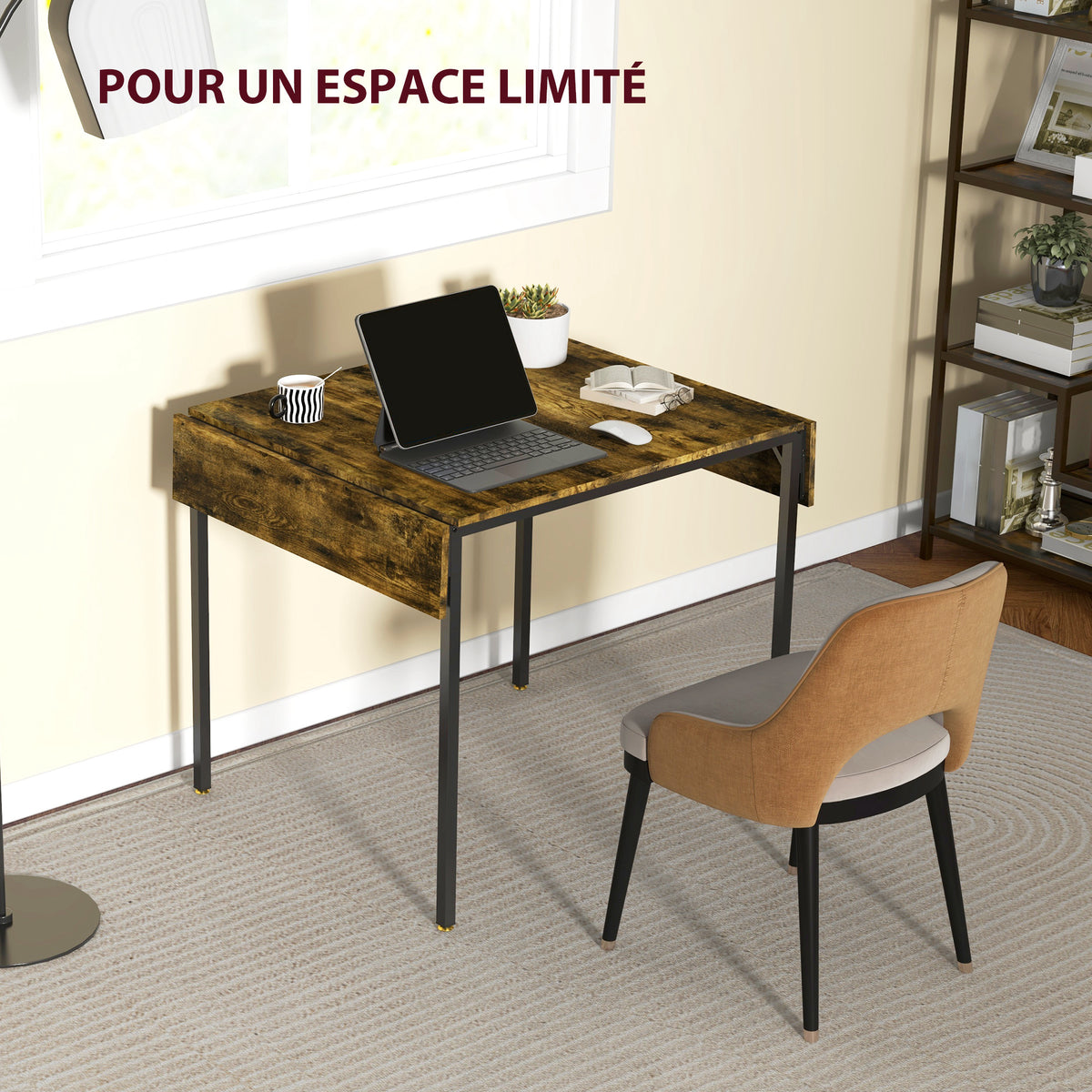 Table de salle à manger avec 2 rabats style industriel, extensible, table à abattant pour 2-4 personnes-4