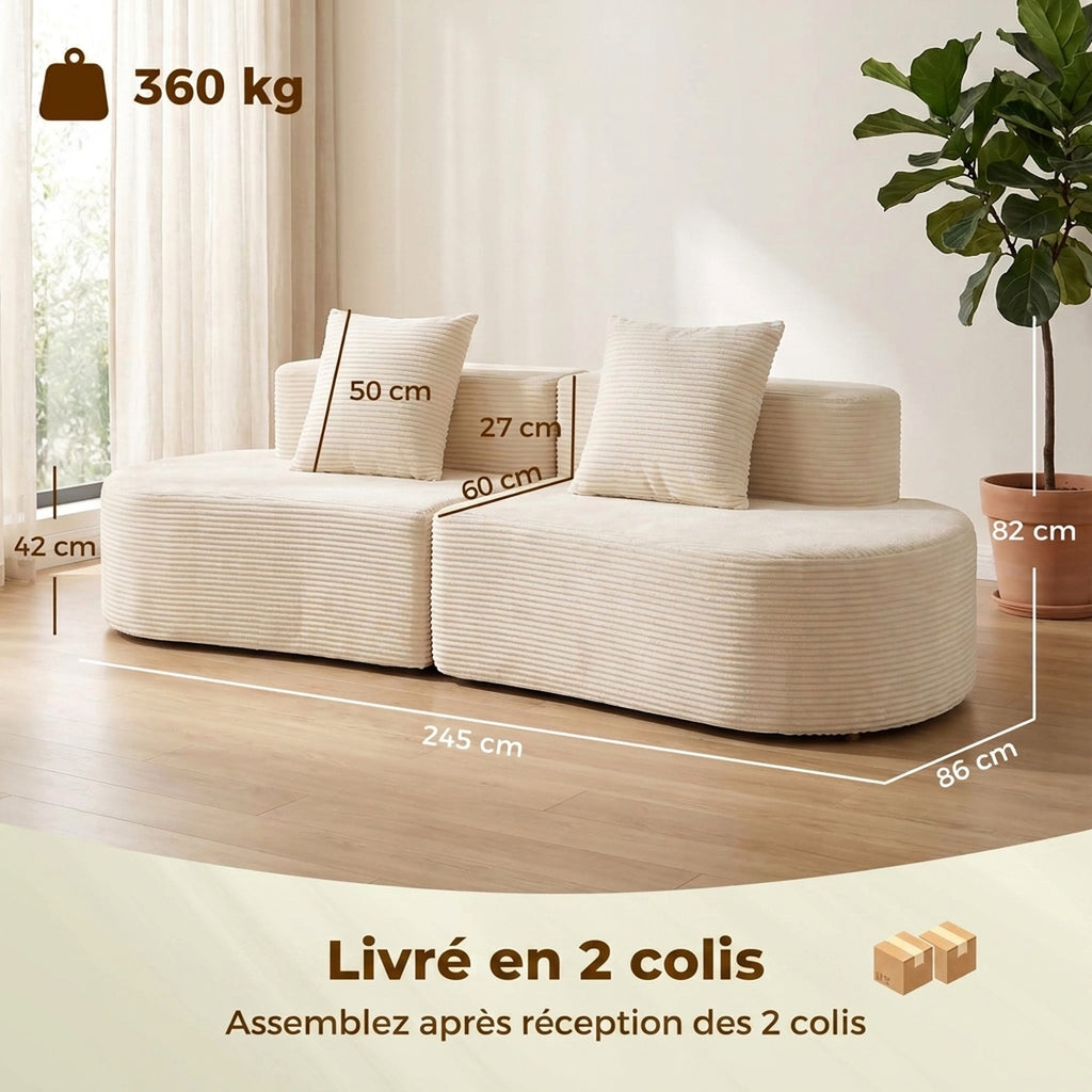 Canapé 3 Places Incurvé, Velours Côtelé 245cm, Canapé Salon, Assise Profonde, 2 Coussins, Compressé Sans Montage, Crème-2