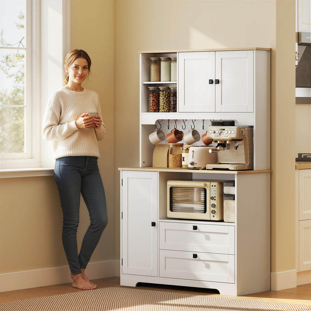 Buffet Haut Cuisine, Armoire Cuisine avec 3 Portes, 2 Tiroirs, Plan de Travail, Compartiments Ouverts, Blanc-7