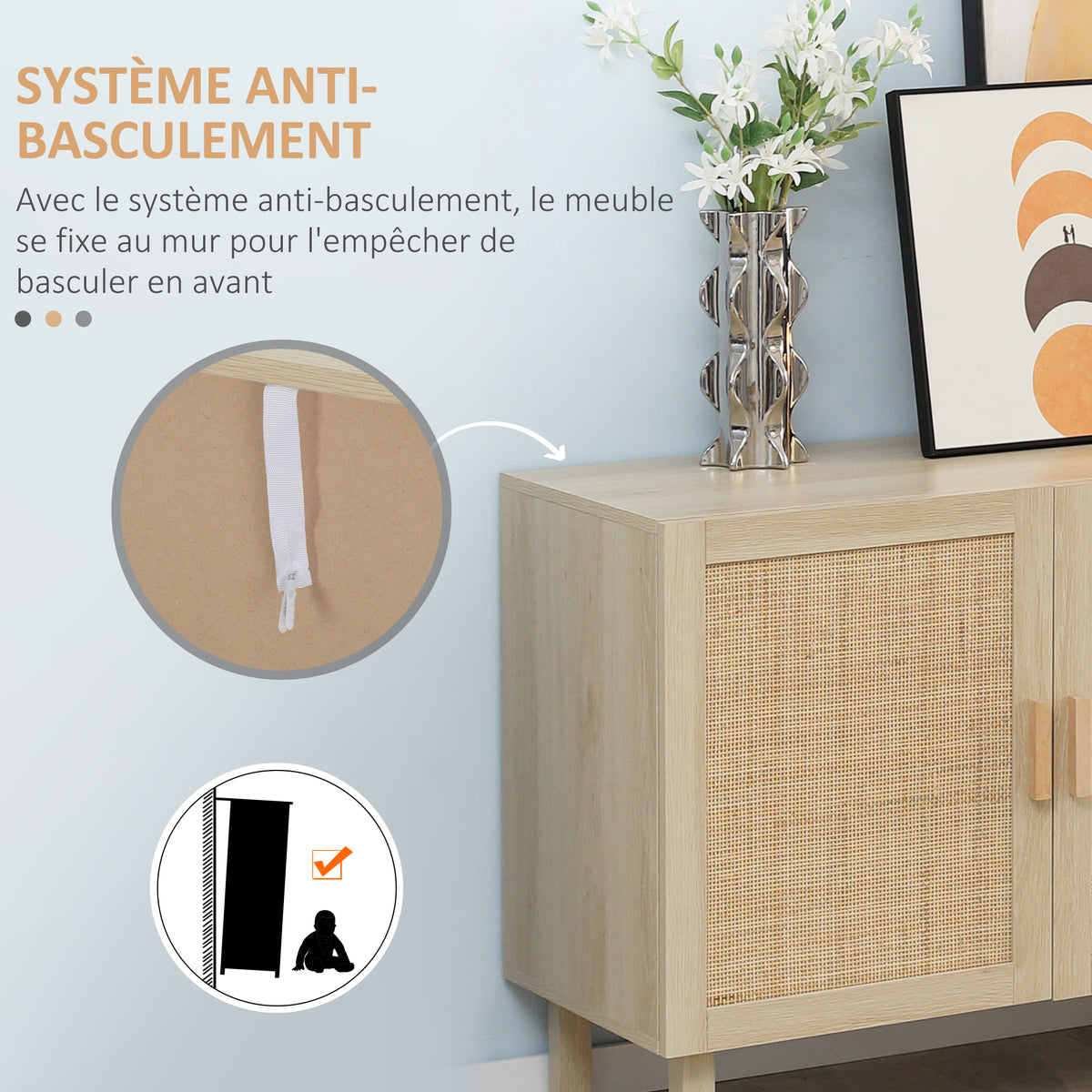 Buffet Meuble de Rangement Placard 3 Portes avec étagère réglable Effet cannage Style bohème - 136 x 41 x 70 cm-6