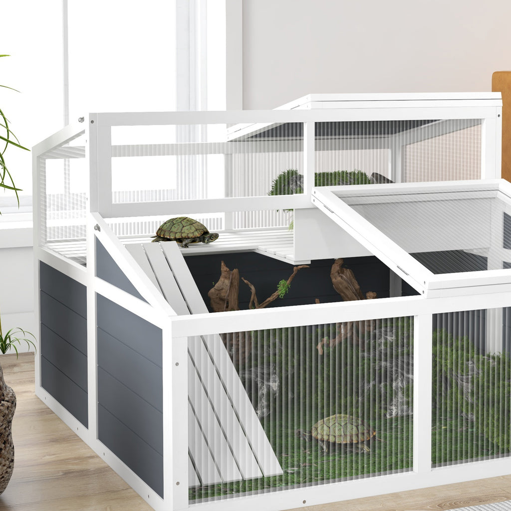 Maison enclos cage pour petit animal tortue avec 2 espaces toit en polycarbonate 3 portes rampe 115 x 115 x 82 cm gris-8