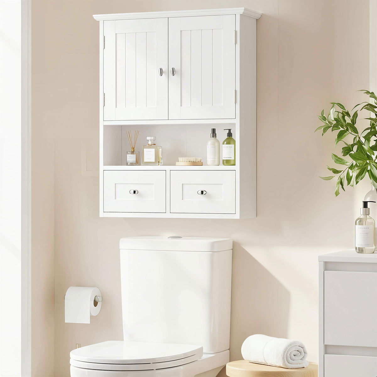 Armoire murale de salle de bain, armoire de toilette, avec portes, étagère, 2 tiroirs, 50,8l x 17,8P x 66H cm, blanc-9