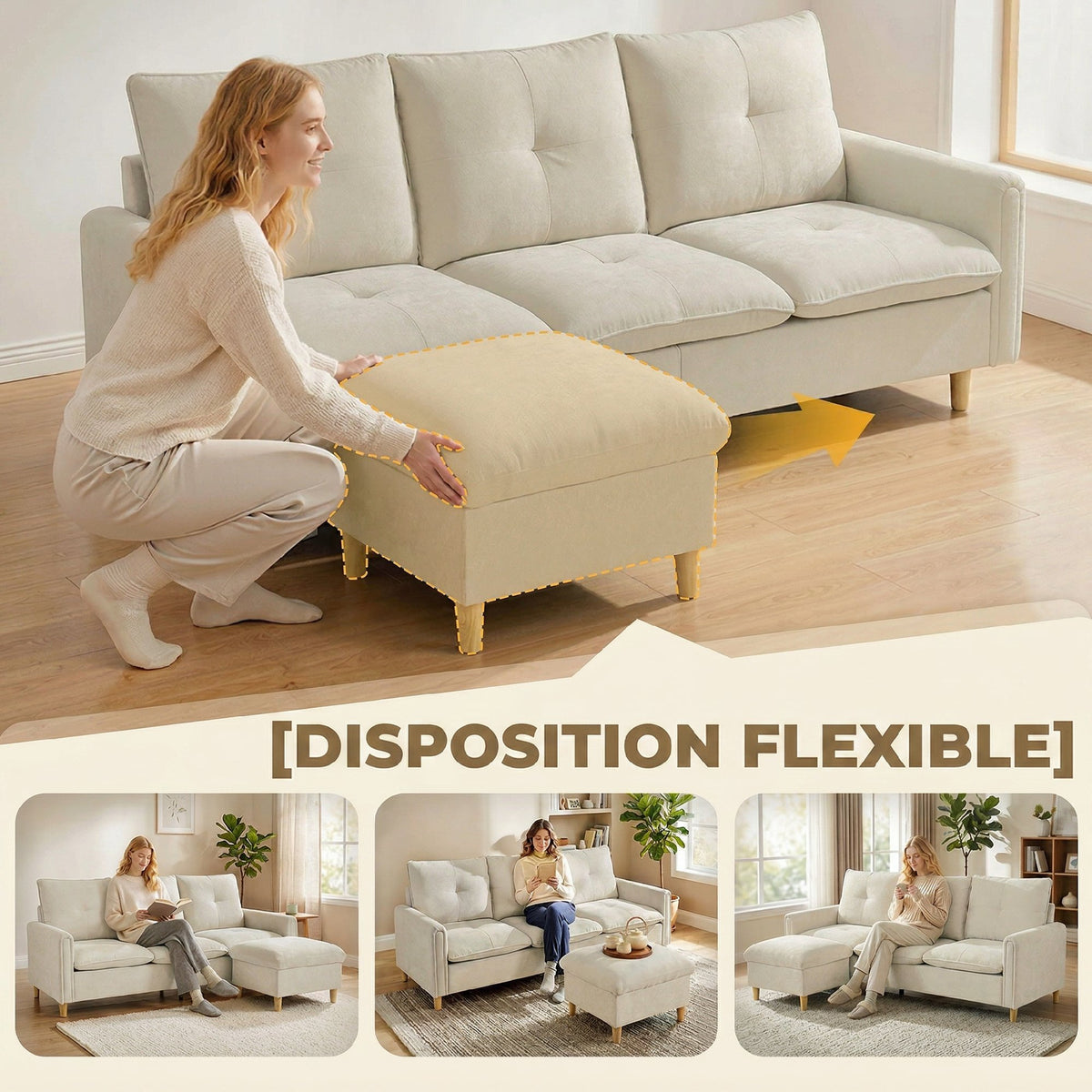 Canapé 3 places avec pouf de rangement, canapé d'angle modulable 210 cm, assise large, tissu aspect lin, crème-3