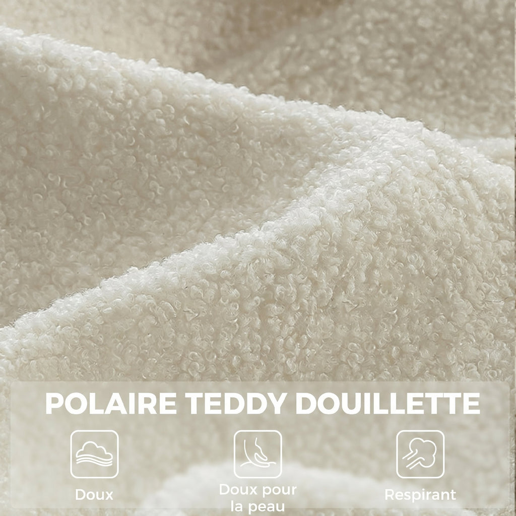 Fauteuil de Salon avec Repose-Pied, Fauteuil d'Appoint Capitonné en Peluche Teddy, Dossier Haut, Poches Latérales, Beige-5