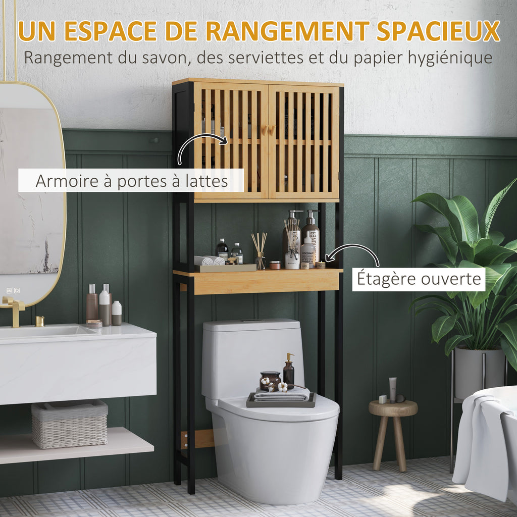 Étagère de toilettes meuble de salle de bain dessus toilette WC avec placard 2 portes et étagère ouverte bambou-3