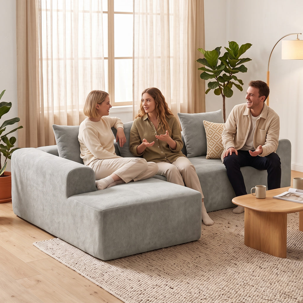 Canapé d'Angle en Chenille, Canapé 3 Places en L 242 cm avec Méridienne, Assise Profonde, Accoudoirs Larges, Gris Clair-9
