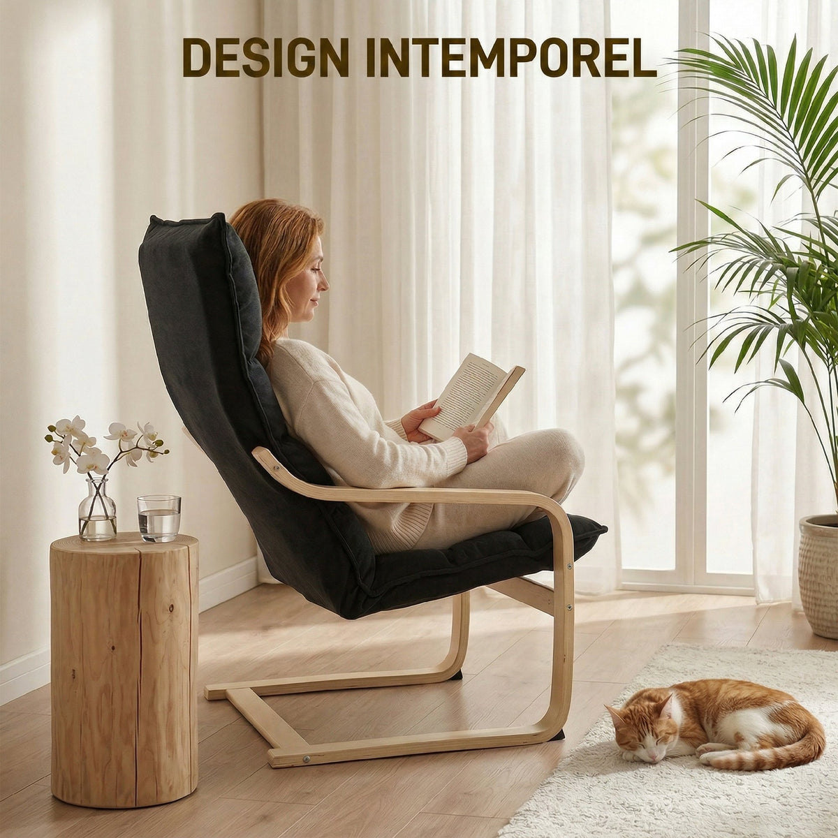Fauteuil Salon, Fauteuil de Loisirs Moderne, Fauteuil Chambre avec Accoudoirs Incurvés, Coussins, 67 x 83 x 105 cm, Noir-4