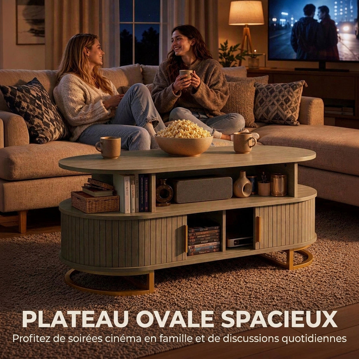 Table Basse Ovale, Table de Salon Moderne avec Portes à Tambour Coulissantes, Rangement Fermé, Étagères Ouvertes, Chêne-6