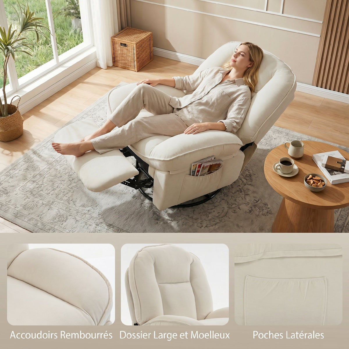 Fauteuil inclinable en chenille, fauteuil de relaxation pivotant à 360°, assise large, poches latérales, crème-7