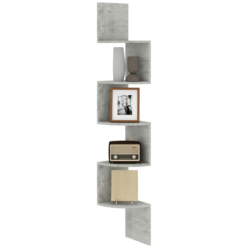 Étagère d'angle Murale de Rangement Forme Zigzag 20L x 20l x 126H cm 5 Niveaux Bois Gris-0