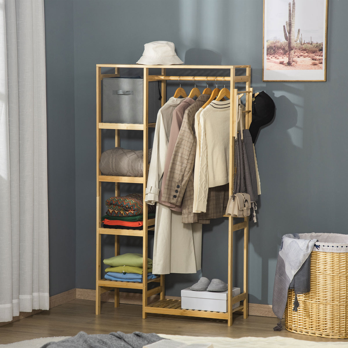 Portant à Vêtements Bambou Penderie Porte-Manteaux avec étagères, Tringle et 2 patères - dim. 90L x 30P x 155H cm-9
