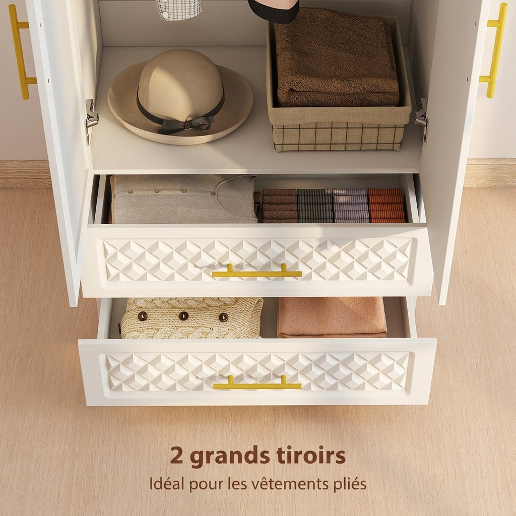 Armoire chambre penderie avec miroir, 2 tiroirs, 2 portes et barre de suspension, 80 x 50 x 180 cm, blanc-4