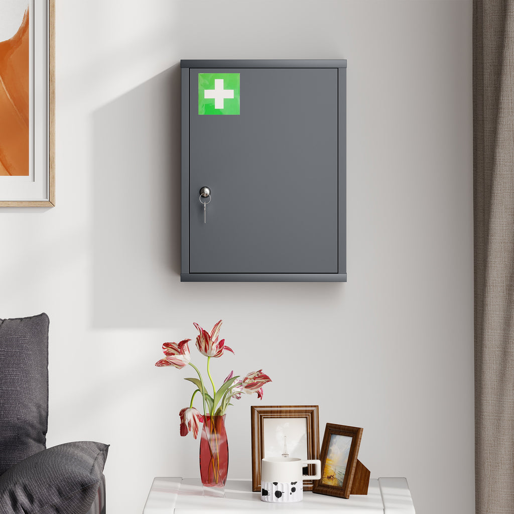 Armoire à pharmacie murale en acier, armoire à médicaments à 3 niveaux porte verrouillable 2 clés, 40x15x53,5cm, gris-8