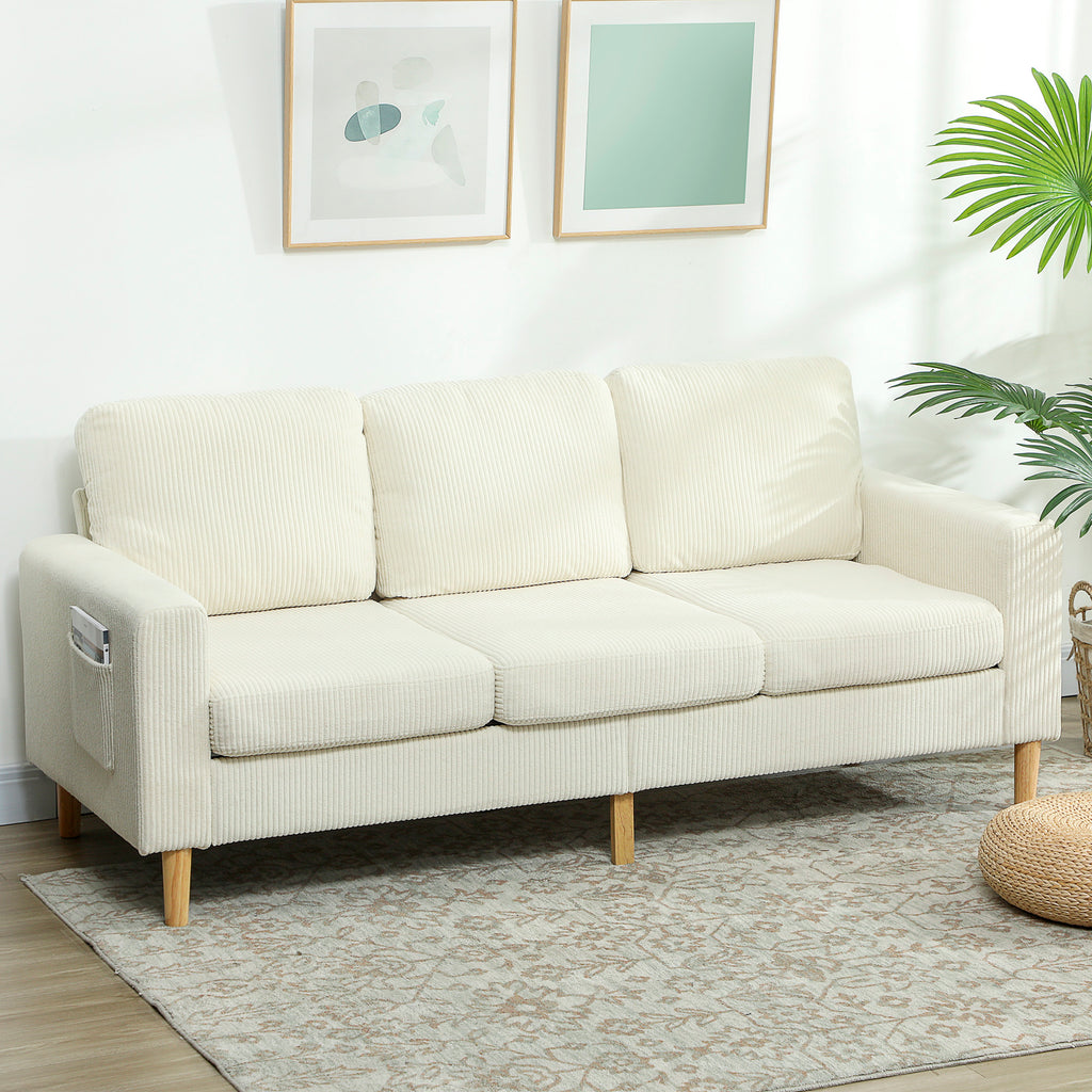 Canapé 3 places en velours côtelé, canapé avec coussins à ressorts et assise rembourré, 192x80x84,5cm, beige-9