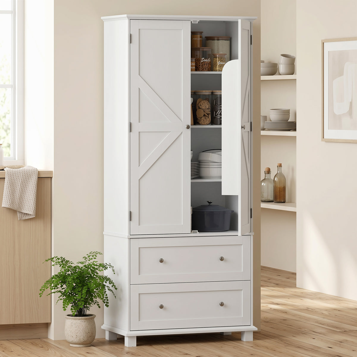 Buffet haut cuisine, armoire de cuisine 2 portes, 2 tiroirs, 6 porte-racks, étagères réglables, 80x39,5x184,5cm, blanc-7