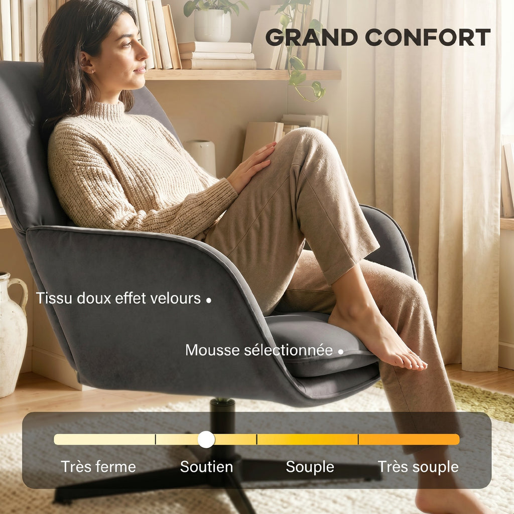 Fauteuil salon, fauteuil d'appoint rembourré en velours avec large assise, coussin et structure en métal, gris foncé-4