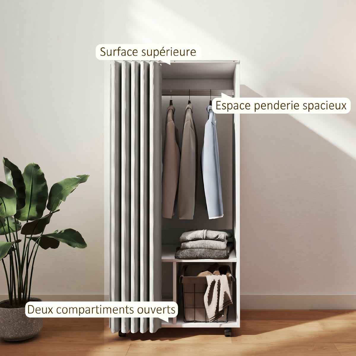 Armoire penderie armoire de rangement mobile avec rideau, tringle de suspension, 60 x 40 x 128 cm, blanc-3