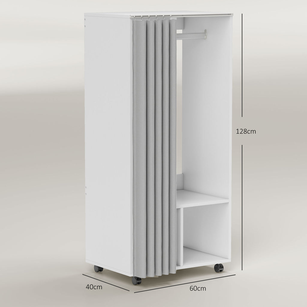 Armoire penderie armoire de rangement mobile avec rideau, tringle de suspension, 60 x 40 x 128 cm, blanc-2