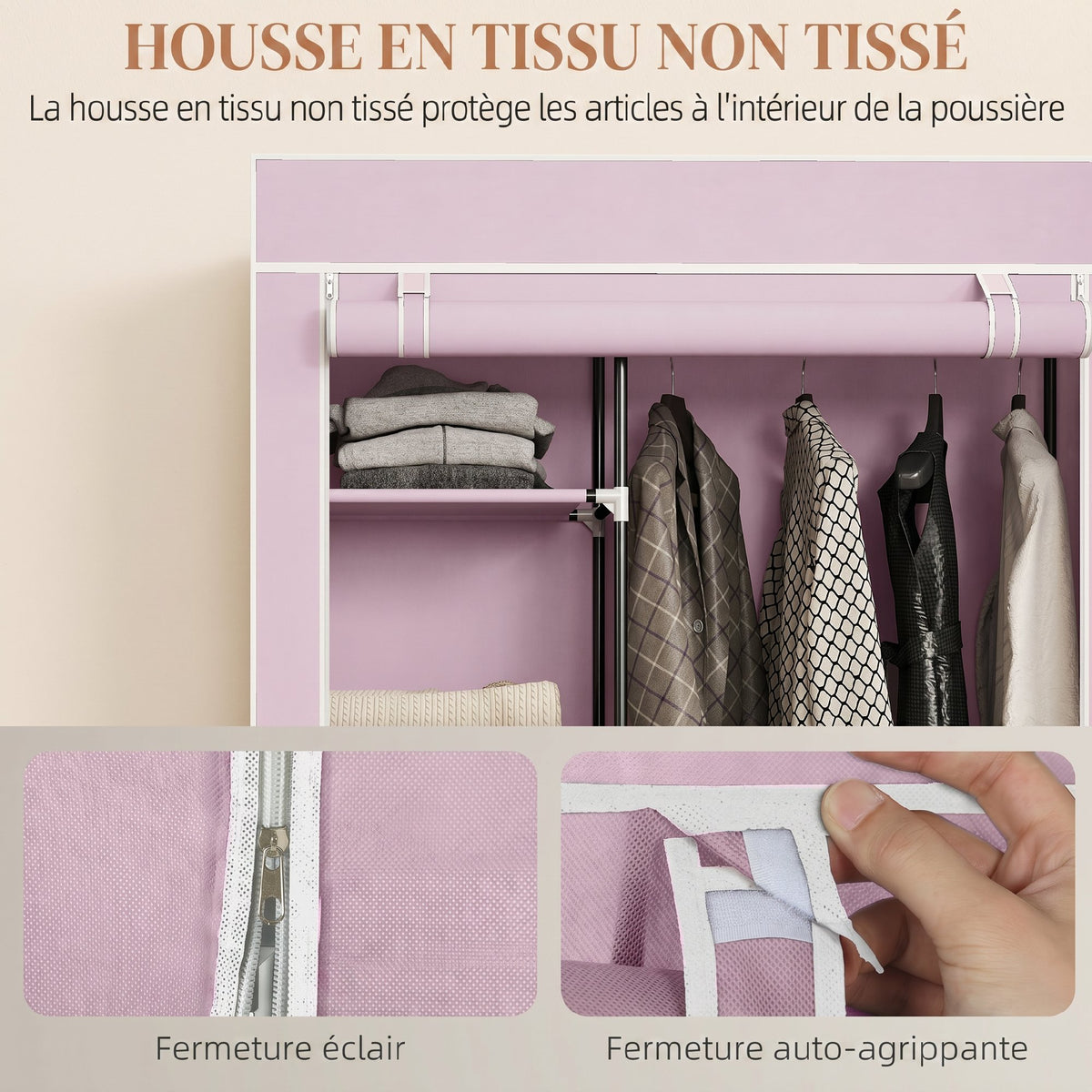 Armoire penderie en tissu meuble de rangement 6 roulettes tringle à vêtements et étagères ouvertes 103x43x162,5cm rose-4